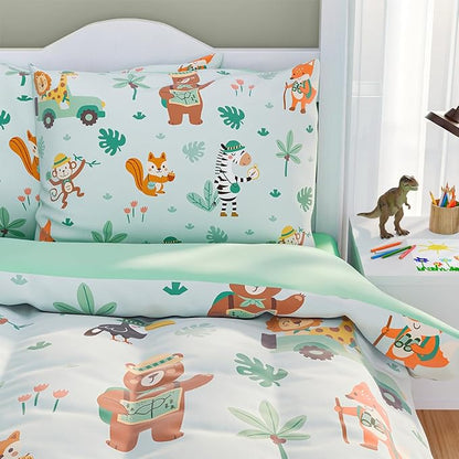 SANDJEST Jungle Animal Comforter Set Full Size 98x86in for Kids Boys, Microfiber 4 Pcs Bedding Set Includes 1 Comforter, 2 Pillowcases, 1 Fitted Sheet, Nursery Room Decor