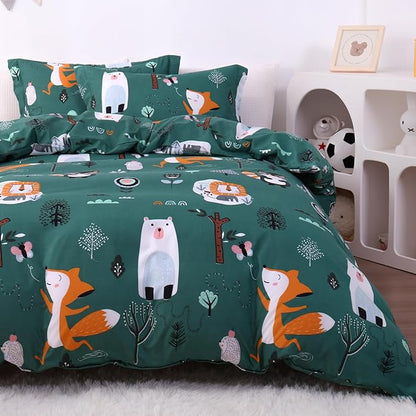 JSD Green Forest Animal Kids Duvet Cover Set Queen Size, 3 Piece Soft Printed Microfiber Comforter Cover with Pillow Sham Zipper Closure, Comforter Not Included