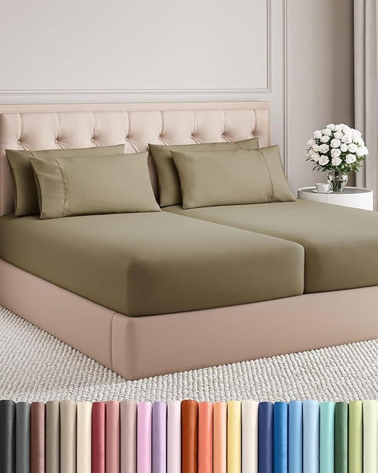 Split King 7 Piece Sheet Set - Comfy Breathable & Cooling - Ultra-Soft Hotel Luxury Bedding Set w/ 8-16 Inch Deep Pockets - 1 Flat & 2 Fitted Sheet & 4 Pillowcases - Wrinkle Free & Easy Care - Khaki