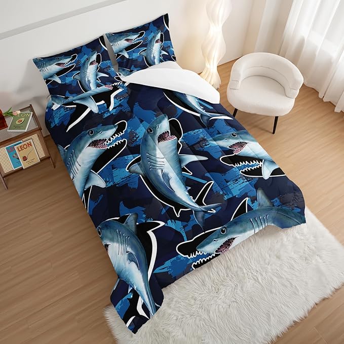 HOSIMA Blue Shark Bedding Set for Adults Kids,Cartoon Shark Pattern Comforter Set Twin Size for Boys,Blue Ocean Animal Themed Comforter Set for Boys Room Decor with 2 Pillowcases.