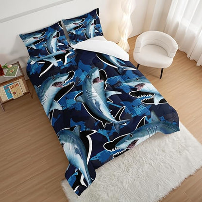 HOSIMA Blue Shark Bedding Set for Adults Kids,Cartoon Shark Pattern Comforter Set Twin Size for Boys,Blue Ocean Animal Themed Comforter Set for Boys Room Decor with 2 Pillowcases.