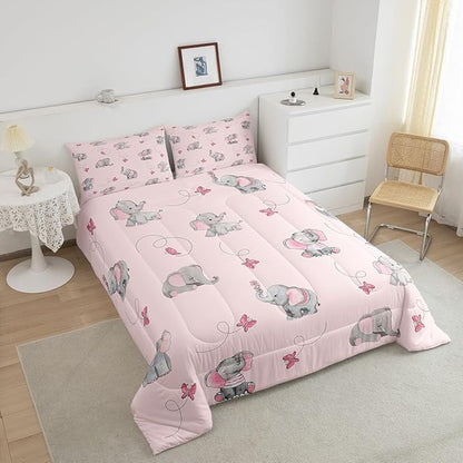 Cute Elephant Kids Comforter Set Twin Size,Pink Butterfly Cartoon Wildlife Reversible Bedding Set for Teens Bedroom,Watercolor Grey Animal Kawaii Quilted Duvet with 1 Pillowcase