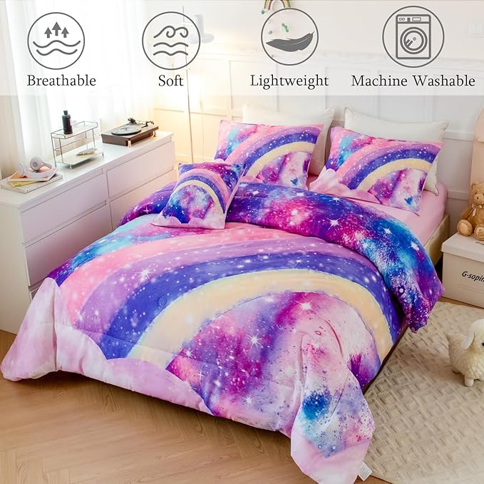 ANGIYUIN 6 Pcs Tie Dye Pink Twin Comforter Set for Girls Rainbow Galaxy Gradient Bed in A Bag Pastle Nebula Kids Bedding Set with Sheets, Comforter and Pillowcases for All Season