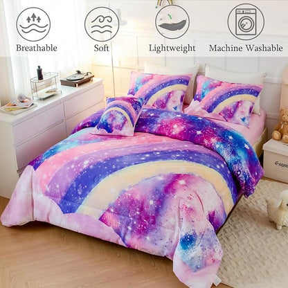 ANGIYUIN 6Pcs Pink Full Size Bed in A Bag for Girls 3D Tie Dye Comforter Sets Colorful Rainbow Kids Bedding Sets Ultra Soft Pastle Nebula Printed Bed in A Bag with Sheets
