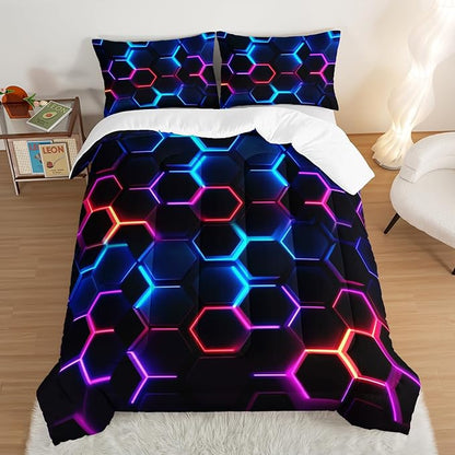 Hexagon Geometric Comforter Set Honeycomb Bedding Sets,Blue Neon Gamer Comforter Sets for Boys Men Kids Room Decor,Full Size Bedding Comforter Sets with 2 Pillowcases.
