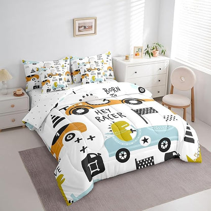 Feelyou Cartton Car Kids Comforter Set with Sheets 7 Piece Queen Size Racing Sports Game Bedding Set Decor Cute Dinosaur Racer Bed in a Bag Gift for Racing Lover White Blue Bed Set Bedroom