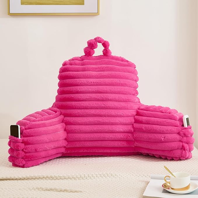 Faux Fur Fluffy Hot Pink Reading Pillow with Pockets, Luxury Striped Plush Decorative, Arm Rests and Back Support for Bed Rest, Lounging on Sofa, Extra Large Size for Adult.