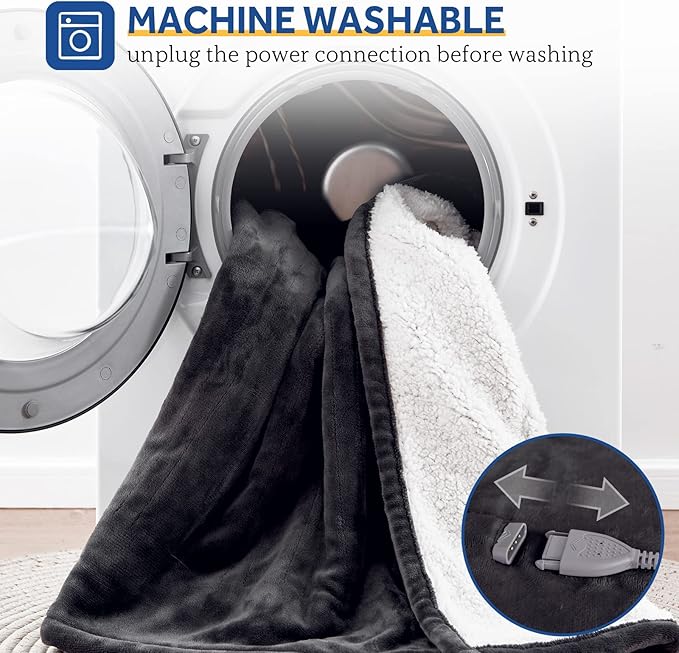 SEALY Electric Blanket Queen Size, Flannel & Sherpa Heated Blanket with 10 Heating Levels & 1-12 Hours Auto Shut Off, Machine Washable, Grey, 84 x 90 Inch