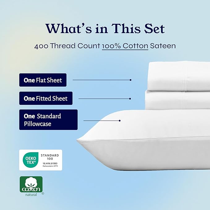 California Design Den Natural 100% Cotton Sheets, Twin Sheets Set, 400 Thread Count Sateen Bedding for Dorm Rooms & Adults, Deep Pockets with All Around Elastic, Durable - Antique White