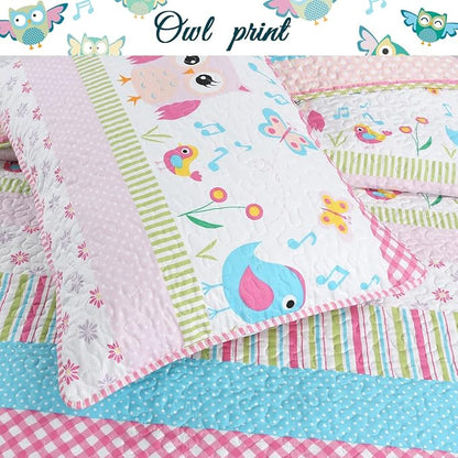 Cozy Line Home Fashions Happy Owl Queen - 7 Piece Pink Reversible Quilt Bedding Set, Coverlet, Bedspreads for Girls (1 Quilt + 2 Shams + 4 Decorative Pillows)