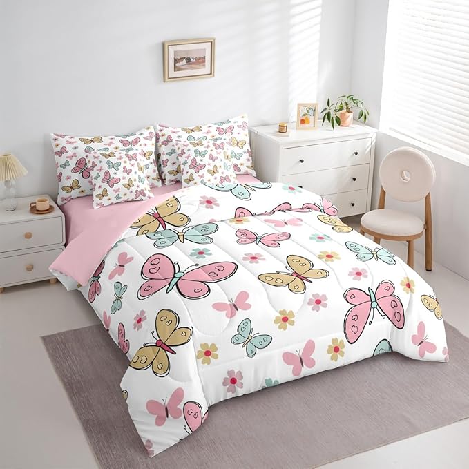 Feelyou Cute Butterfly 7 Piece Bedding Set Kawaii Flower Comforter Set with Sheets for Kids Boys Girls Pink Blue Yellow Bed in a Bag Nutrue Theme Bed Set Soft Lightweight