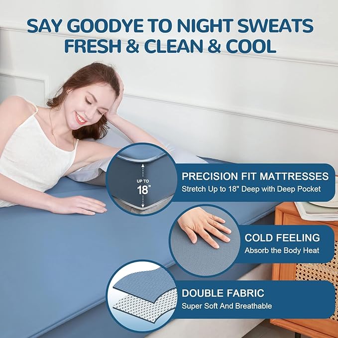 Ailemei Direct Cooling Thin Mattress Pad, California King Size Mattress Topper for Hot Sleepers, with a Deep Pocket Fits 16" Mattresses,Cool Fitted Sheets for Bed,Summer Cooling System,Blue,72"x84"