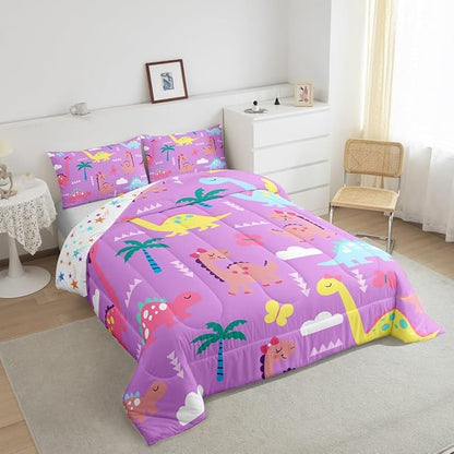 Castle Fairy Kawaii Dino Kids Comforter Set Twin Size,Cartoon Dinosaur Wild Animal Reversible Bedding Sets for Teens Bedroom Decor,Lovely Cloud Coconut Tree Purple Quilted Duvet,1 Pillowcase