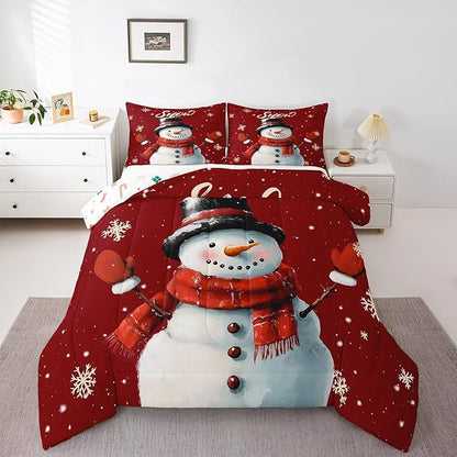 Erosebridal Snowman Comforter Set for Kids Boys Girls,Vintage Burgundy Christmas Bedding Set Twin,Xmas Snowflake Duvet Insert,Merry Christmas Down Comforter with 1 Pillowcase Lightweight Warm
