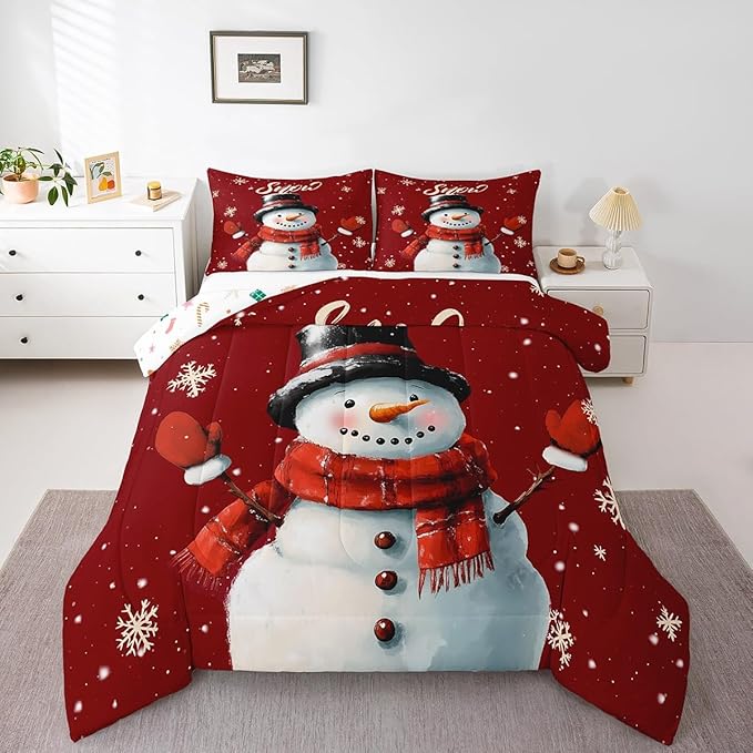 Erosebridal Snowman Comforter Set for Kids Boys Girls,Vintage Burgundy Christmas Bedding Set Queen,Xmas Snowflake Duvet Insert,Merry Christmas Down Comforter with 2 Pillowcases Lightweight Warm