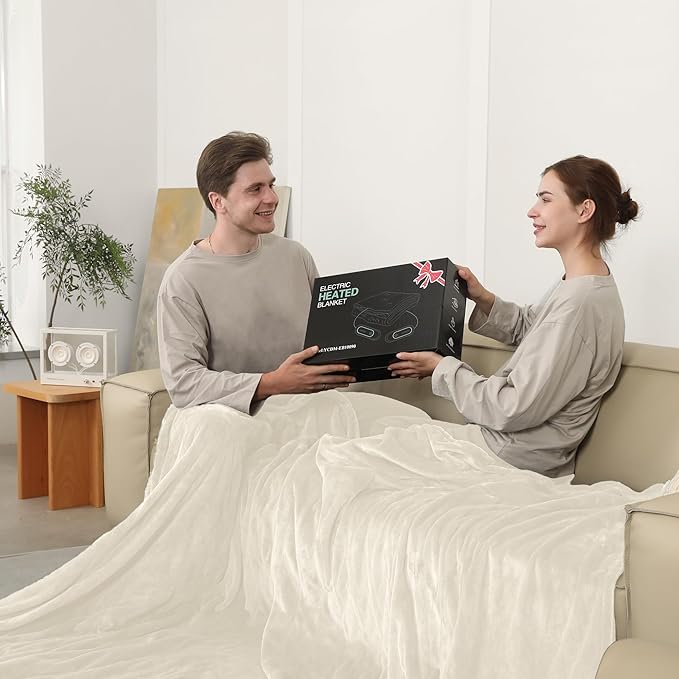 Electric Blanket Queen Size, Super Soft Cozy Upgraded Flannel Blanket Dual Control with 5 Heating Levels & 10 Hours Auto Off, Fast Heating Blanket & Overheat Protection, 84" x 90", White