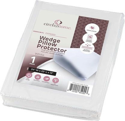 CirclesHome Wedge Pillow Cover 100% Cotton, Zippered Wedge Pillow Case Protector, Soft, Hypoallergenic & Breathable - White, (24Wx25Lx12)
