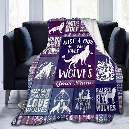 Custom Wolf Blanket with Name for Boys Girls, Personalized Cool Wolf Themed Design Printed Throw Blankets for Kids Lap, Chair Sofa, Giftable Blanket, 40"x 50"
