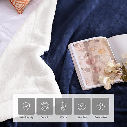 IR Imperial Rooms Sherpa Blankets Queen Size - Thick and Warm Blankets for Winter, Reversible Soft and Fuzzy Fluffy Queen Size Blanket for Bed, Navy, 90x90 Inches