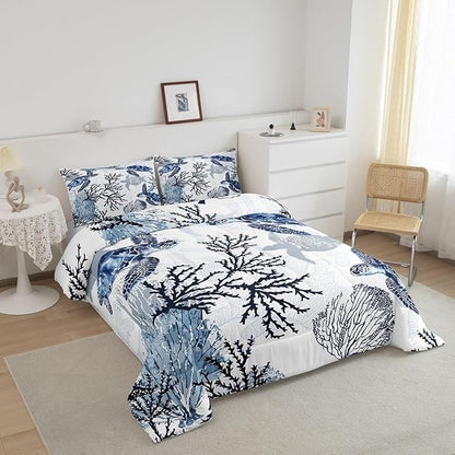 Sea Turtle Bedding Set King Size,Coral Comforter Set 3pcs for Kids Boys Girls Adults Room Decor,Ocean Creature Quilt Set White Navy Blue Microfiber Duvet Insert with 2 Pillowcases