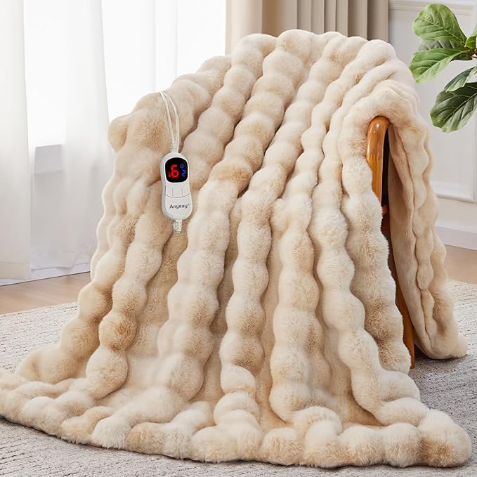 Heated Blanket Full Size with 1/2/4/6/8 Hours Auto-Off 10 Heat Level, 62'' * 84'' Cozy Faux Rabbit Fur Bubble Electric Blanket with Overheat Protection(Tie-Dye Beige)