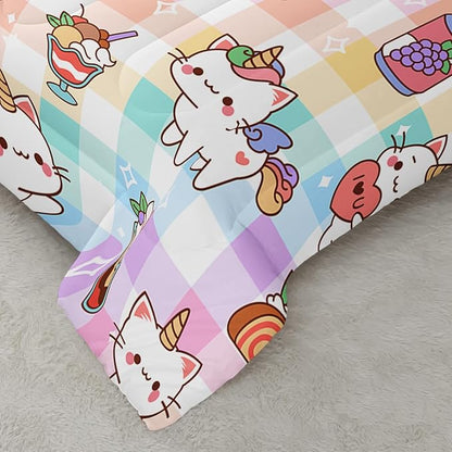 CVHOUSE Cartoon Cat Comforter Queen Set,Rainbow Cat Girls Queen Bedding Set for Kids Teens,Cat Unicorn Quilt Set 3Pcs Cat Bed Set Cat Duvet Set Kitty Room Decor All Season