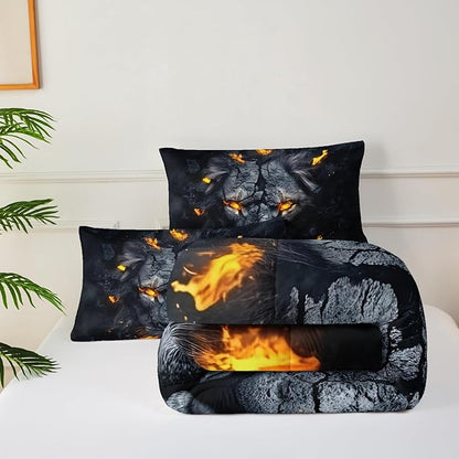 Black & Gold Full Comforter Set Lion，Lion Full Size Bedding Set，with 1 Comforter with 2 Pillow Case，Animal Bedroom Decor for Boys Kids Man