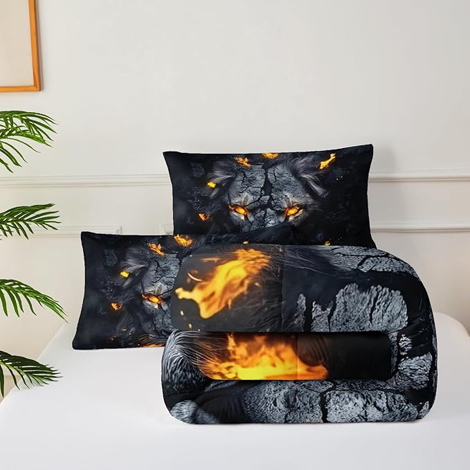 Black & Gold Queen Comforter Set Lion，Lion Queen Size Bedding Set，with 1 Comforter with 2 Pillow Case，Animal Bedroom Decor for Boys Kids Man