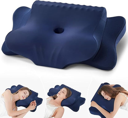Cervical Pillow for Neck Pain Relief，Cooling Ergonomic Dual-Sided Orthopedic Neck Pillow with Ice Silk Pillowcase, Breathable Memory Foam Contour Pillow for Side, Back, Stomach Sleepers