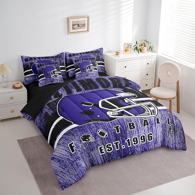 Erosebridal Rugby Football Bed in A Bag Sports Helmet Bedding Set for Boys Girls Women Men Football Silhouette Rugby Decor Comforter Sets with Sheets Full Size 7Pcs