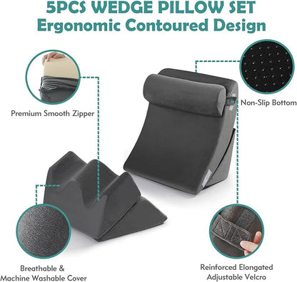 5Pcs Wedge Pillow for Sleeping, Orthopedic Bed Wedge Pillows for After Surgery, Foam Triangle Sit Up Pillow Wedge for Back, Neck, Shoulder Support, Leg Elevation, Acid Reflux, Gerd, Snoring Grey