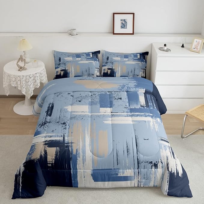 Feelyou Abstract Bedding Set Kids Modern Abstract Art Comforter Set Light Blue Black Comforter for Boys Room Decor Lightweight Duvet Set Toddler Size with 1 Pillow Case
