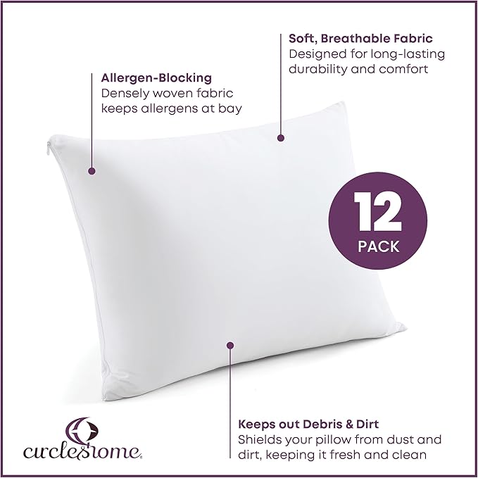 CirclesHome Pillow Protectors 12 Pack King Zippered - 100% Cotton Breathable Pillowcases - Protects Pillows from Dirt, Dust and Debris (King - Set of 12 - 20x36)