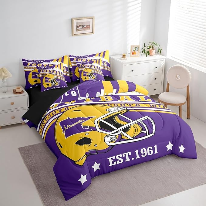 Erosebridal Football Bedding Rugby Seasonal Color Comforter Set Queen, Cartoon 3D Helmet Sports City Illustration Comforter + Flat Sheet + Fitted Sheet + 2 Pillowcases + 2 Throw Pillow Covers