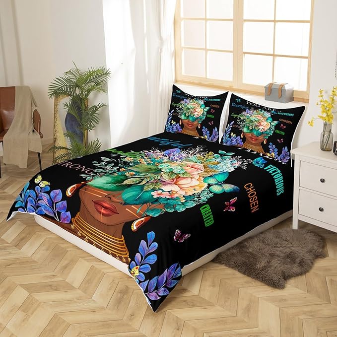 Girl African Duvet Cover Set Twin Size,African Style American Inspirational Quotes Bedding Set Kids Girls Women Room Decor Watercolor Flowers Butterfly Comforter Cover Black Fashion Quilt Cover 2Pcs
