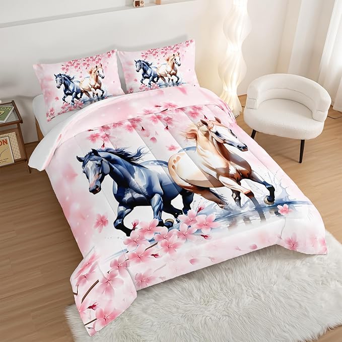 Horse Comforter Set Kids Bedding Full Size,Pink Cherry Blossom Bedding Set for Girls Boys Teens Bedroom Decor Aesthetic,Galloping Horse Bedding Comforter Sets with 2 Pillowcases.