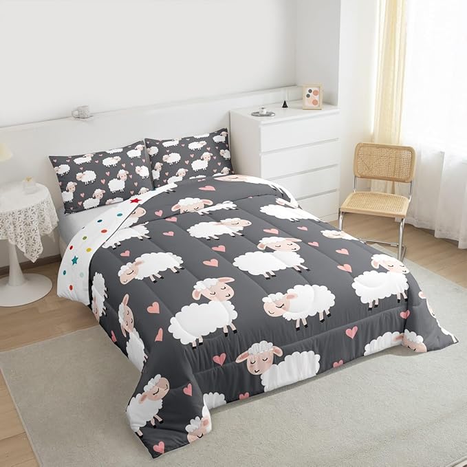 Cartoon Sheep Kids Comforter Set,Cute White Farm Animals Bedding Sets for Boys Girls Teens,Romantic Pink Hearts Decor Graffiti Comforter Duvet Set with 1 Pillowcase Twin Size 2 Pcs