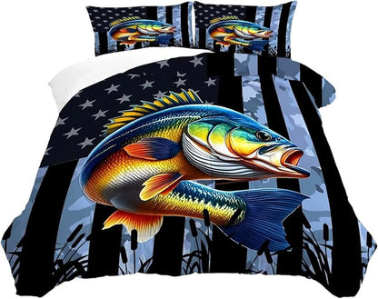 American Flag Comforter Set King Size Camouflage Bedding Set for Men Boys Teens Grey Fishing Lover Bedroom Fisherman Bass Fish Farmhouse Bed Set Wild Quilted, 1 Comforter 2 Pillowcases
