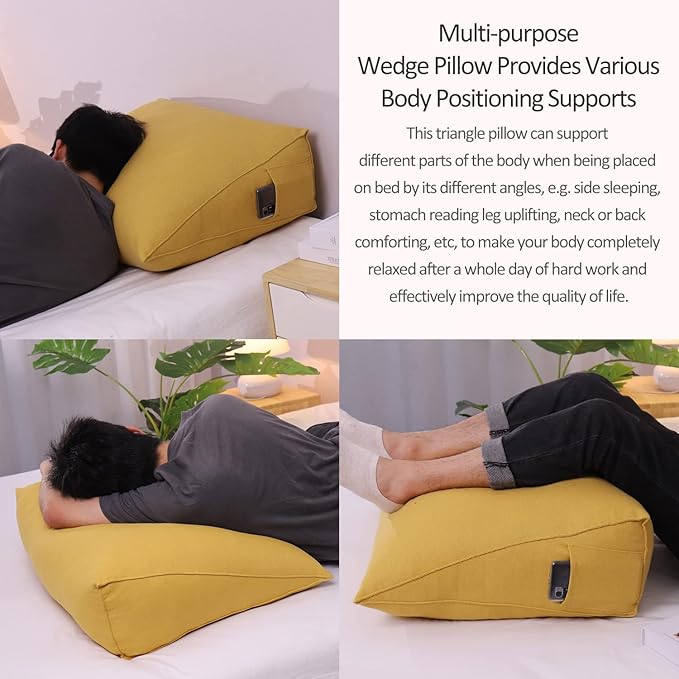 Cotton Linen Daybed Pillow Large Filled Triangular Soft Headboard Wedge Cushion Bed Backrest Positioning Support Reading Pillow for Adult Shoulder Lumbar Leg Bolster（Yellow, Small）