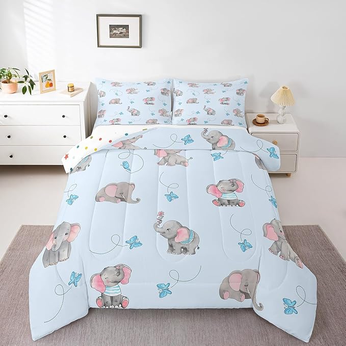 Cute Elephant Kids Bedding Sets Blue Butterfly Cartoon Wildlife Reversible Comforter for Boys Watercolor Grey Pink Animal Quilt Set Soft Duvet Insert,1 Pillowcase Toddler Size