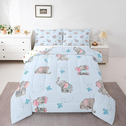Cute Elephant Kids Comforter Set Queen Size,Blue Butterfly Cartoon Wildlife Reversible Bedding Set for Girls Bedroom Decor Watercolor Grey Pink Animal Quilted Duvet,2 Pillowcases