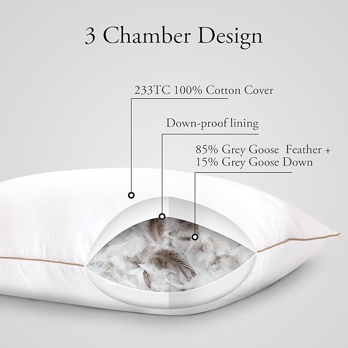 Deodar Bed Pillows Goose Feather Down Pillows Queen Size Set of 2 - Made in USA 100% Cotton Hotel Pillow for Sleeping Soft Fluffy Pillow for Back Side Stomach Sleepers 20" x 30"