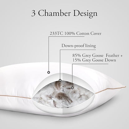 Deodar Bed Pillows Goose Feather Down Pillows Queen Size Set of 2 - Made in USA 100% Cotton Hotel Pillow for Sleeping Soft Fluffy Pillow for Back Side Stomach Sleepers 20" x 30"