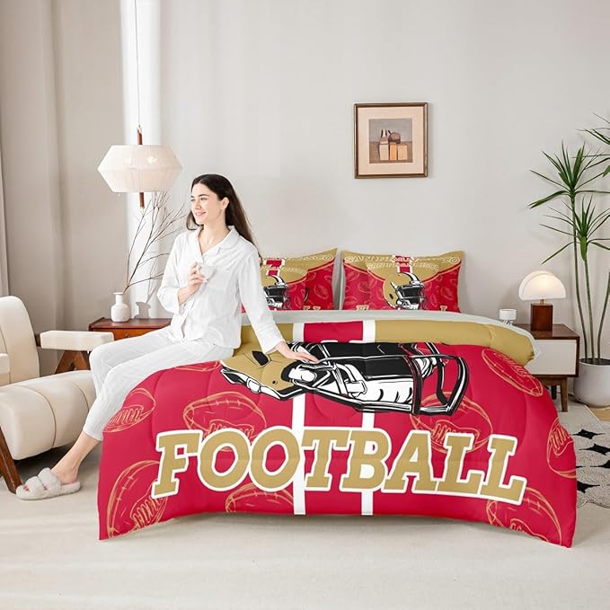 Feelyou Football Comforter Set with Sheets 7 Piece King Size Ball Games Bed in a Bag Kids Boys Girls Rugby Bedding Set City of Footballs Bedroom Decor Rugby Sports