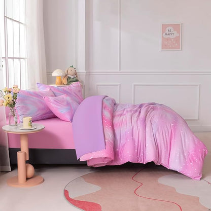 6Pcs Girls Twin Bedding Set with Sheets, Pink Bedding Sets, Bed in A Bag Kids Bedding Set for Girls Twin (1 Comforter, 1 Flat Sheet, 1 Fitted Sheet, 1 Cushion Cover, 2 Pillowcases)