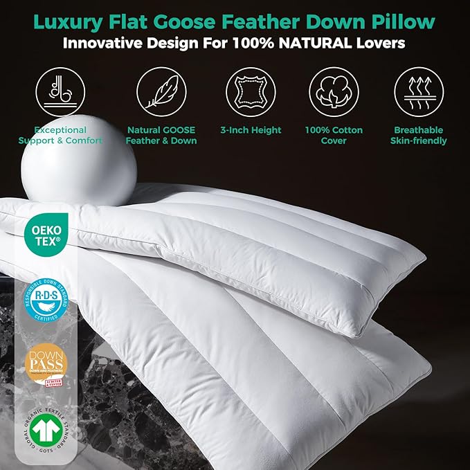 Three Geese Luxury Thin Flat Goose Feather Down Pillows King Size Set of 2, 3" Height, 100% Cotton Cover, Medium Firm Hotel Collection Ultra Slim Thin Bed Pillows, Machine Washable, 18 x 36 Inches