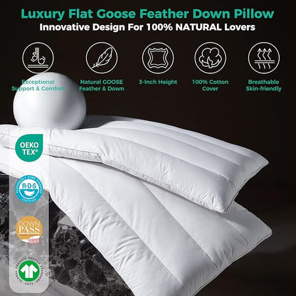 Three Geese Luxury Thin Flat Goose Feather Down Pillows Standard Size Set of 2, 3" Height, 100% Cotton Cover, Medium Firm Hotel Collection Ultra Slim Thin Bed Pillows, Machine Washable, 18 x 26 Inches