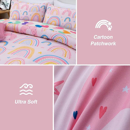A Nice Night Lightweight Soft Cartoon Rainbow 6Pcs Full Comforter Sets, Love Hearts Printed Bedding Set for Boys Girls,Pink