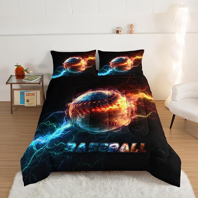 HOSIMA Baseball Comforter,Flame Lightning Bed in a Bag King Size Comforter Set Sports Themed Bedroom Decor,Dorm Room Essentials for College Students Boys Soft Microfiber Black Comforter.