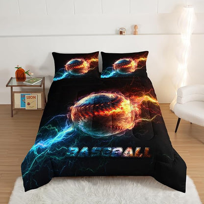 HOSIMA Baseball Comforter,Flame Lightning Bed in a Bag King Size Comforter Set Sports Themed Bedroom Decor,Dorm Room Essentials for College Students Boys Soft Microfiber Black Comforter.